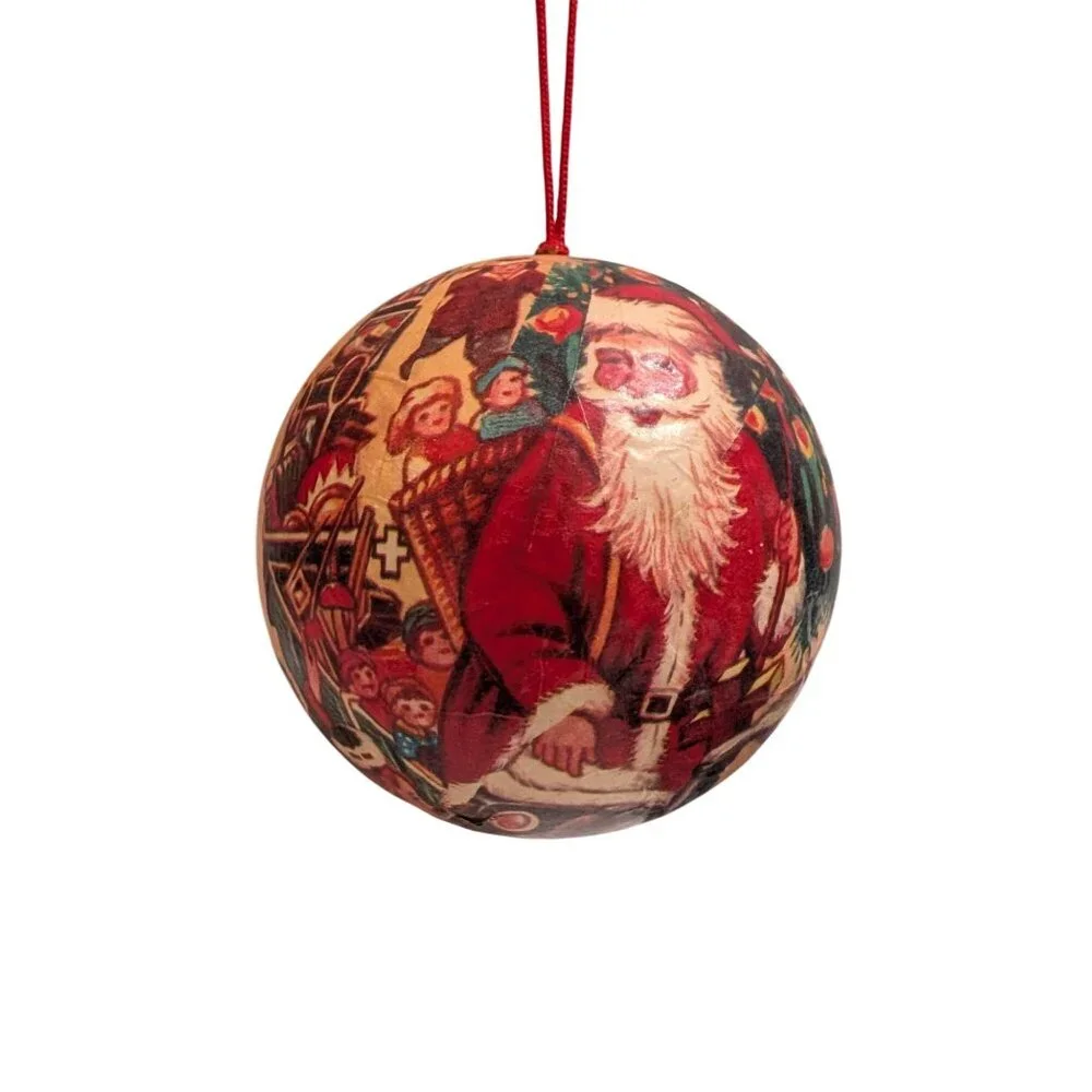 Santa Clause decoupage  large ball ornament Christmas‎ present scene hanging vtg